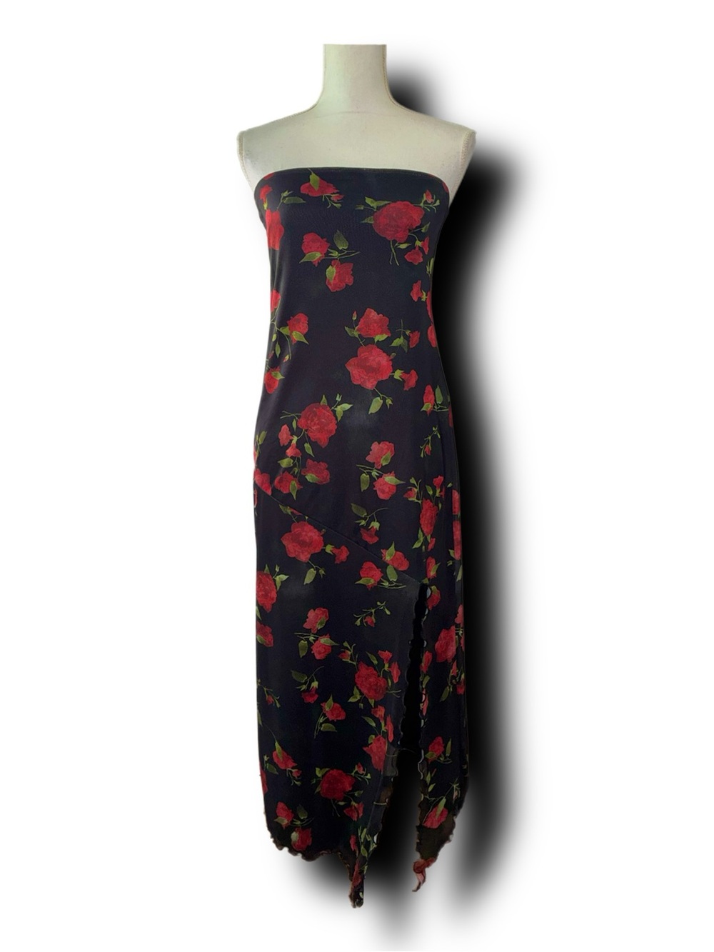 Urban Outfitters Strapless Black Floral Mesh Maxi Dress Red Rose Print Y2K Vibes